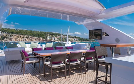 Superyacht Chrimi III's flybridge with shaded dining area