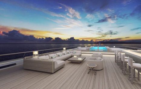 Rendering of superyacht Metamorphosis exterior seating with swimming pool
