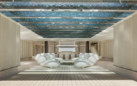 Rendering of Sanlorenzo 74Steel Superyacht Virtuosity interior beach club with overhead glass bottom swimming pool