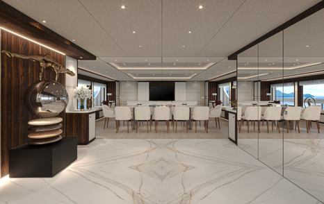 Rendering of Sanlorenzo 58Steel superyacht main saloon dining area 