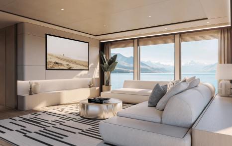 Rendering of Sunseeker 134 Superyacht main salon with L-shaped white sofa