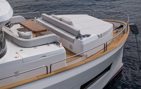 Sirena 60 motor yacht foredeck with large grey sunpads