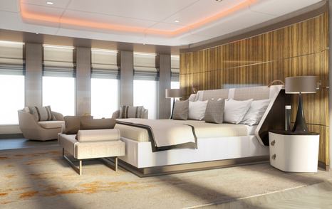 Master cabin onboard Heesen Project Pollux, central berth with armchairs on far side