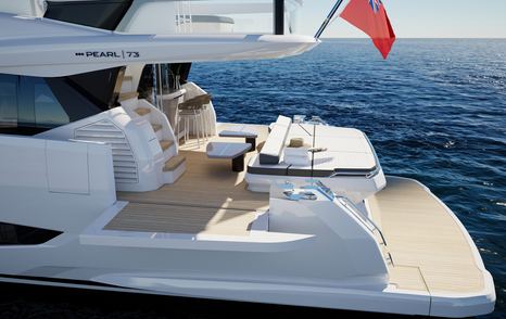 Rendering of Pearl 73 motor yacht aft deck with alfresco dining area 