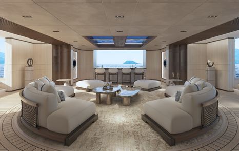 Rendering of Amels 80 superyacht saloon with curved seating and stools next to window