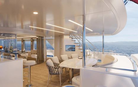 Westport 117's aft deck with shaded dining area