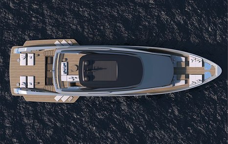 Aerial view of Sanlorenzo SX112 crossover yacht surrounded by sea.