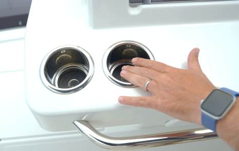 Flybridge helm cup holders sized for phones and small devices on the Beneteau Swift Trawler 37 Fly