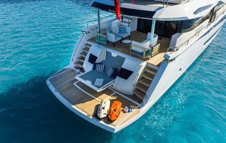 Aft view of Sunseeker 88 Yacht, with watersports equipment on the swim platform