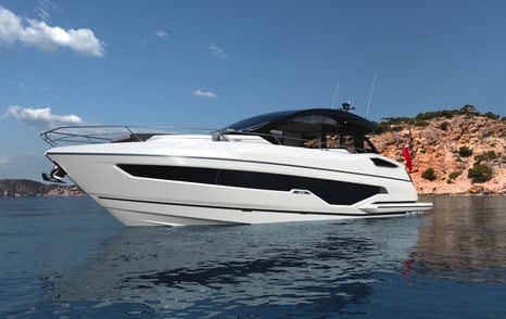 Sunseeker Predator 55 for sale at FLIBS, water level image to port side bow, yacht still in calm waters