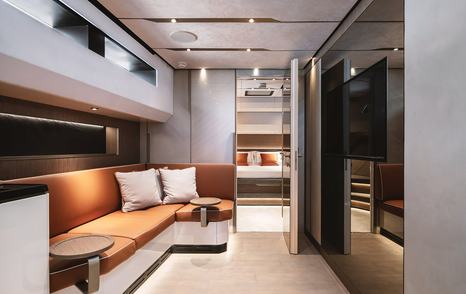 The salon aboard the WiLder 60 boat features minimalist furniture