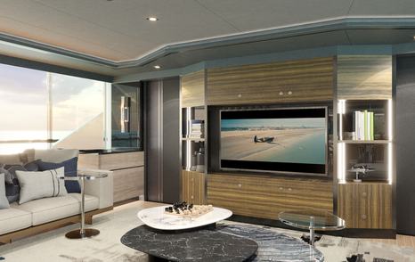 Rendering of superyacht Spitfire's bunker room with mounted TV