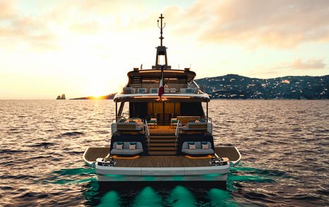 Rendering of Mangusta GranSport 38 superyacht stern at anchor with underwater LEDs