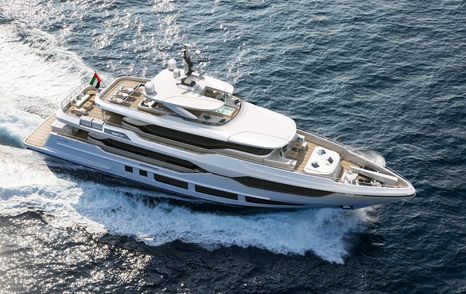 Aerial view of Gulf Craft Majesty 120 superyacht under way 