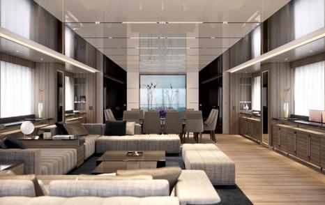 cream sofas form a seating area in front of a formal dining area in the master suite of the Ilumen yacht Peppermint