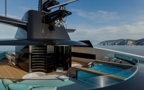 Rendering of ISA Amarcord 82 superyacht under way sundeck jacuzzi