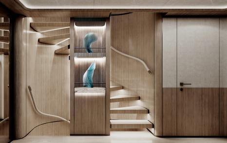 Rendering of Explorer Yacht Cabana spiral staircase 