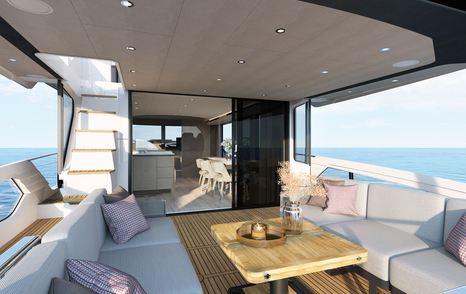 Rendering of Navetta 58 motor yacht aft deck with shaded alfresco dining and pink cushions