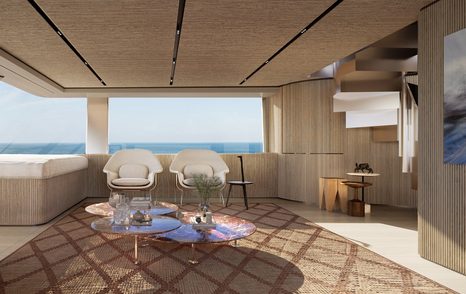 Rendering of Sanlorenzo SX120 motor yacht saloon with glass table and large windows 
