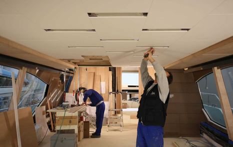 interior of a Ferretti yacht under construction 