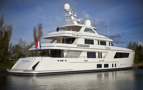 Starboard view of Feadship CALLISTO on water, surrounded by trees.