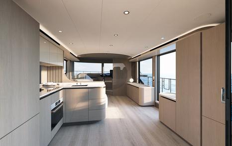 Rendering of Absolute Navetta 58 motor yacht galley with no dining area