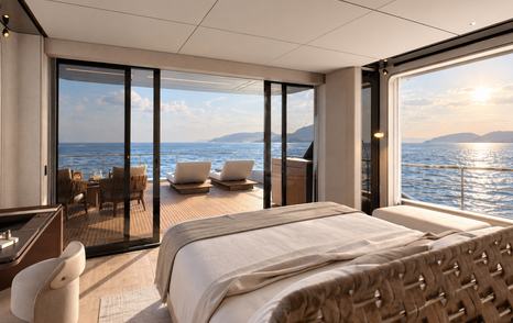 Rendering of Ferretti INFYNITO 100 Superyacht master cabin with glass sliding doors onto private aft deck