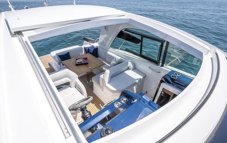 Aerial view of Beneteau Gran Turismo 36 motor yacht interior and helm station