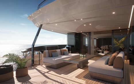 Rendering of Azimut Grande 30M motor yacht aft deck with shaded seating