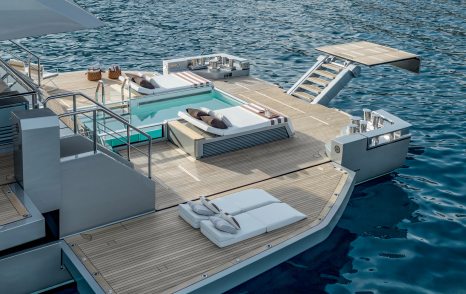 Riva 54Metri Superyacht Sairu beach club with infinity pool and extended dive platform 