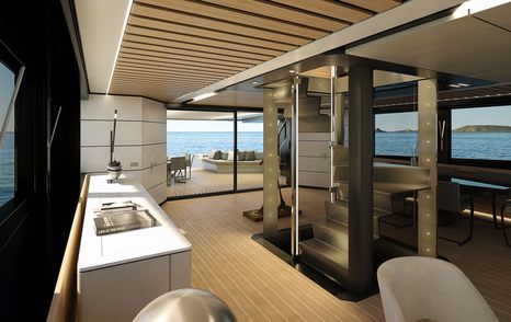 Spiral staircase and wet bar area on WHY200 yacht