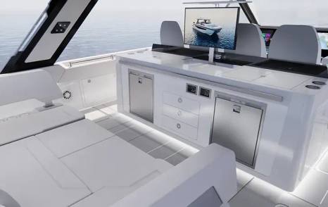 Rendering of Aquila 45 Sport Catamaran seating with pop-up TV