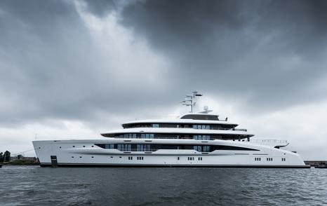 Superyacht GALINNA on water outside outfitting facilities