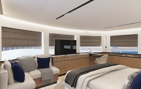 Rendering of StellarONE ST88 motor yacht master cabin with TV and seating area