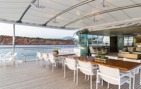 Blohm+Voss Superyacht Zeus upper aft deck with shaded aflresco dining 