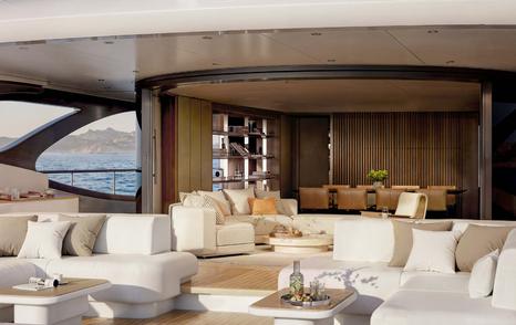 Rendering of Benetti Oasis 36M Superyacht  main saloon with curved glass sliding doors 
