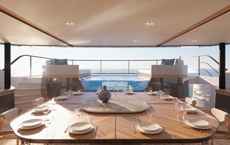 Rendering of Azimut Grande 44M superyacht aft deck alfresco dining 
