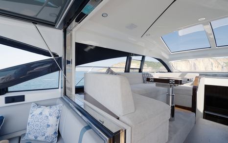 View from the cockpit into the Fairline Targa 47 GT saloon through the sliding glass doors