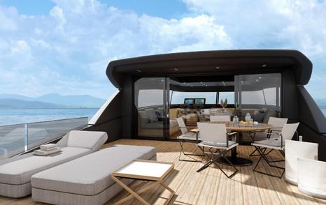 Sanlorenzo SX100/02 flybridge with sunpads and circular dining table 