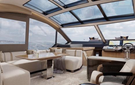 Rendering of Galeon 700 Sky Motor Yacht saloon with integrated sofa and helm station