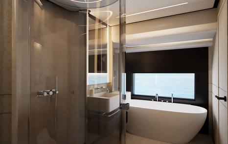 Bathroom on Pearl 100 Hybrid motor yacht with freestanding tub, glass shower, and sea view window.
