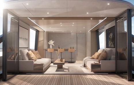 Rendering of Azimut Grande 30M Superyacht intdoor seating with bar area and wooden stools