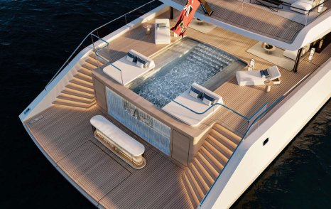 Birds eye Rendering of superyacht Project Ananda stern with infinity pool and dual stairs