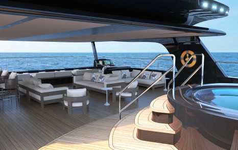 Rendering of VisionF 101 catamaran upper deck with shaded seating area and steps up to jacuzzi