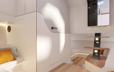 Maxim Yachts MAX44 R boat interior with teak flooring and invisible staircasie