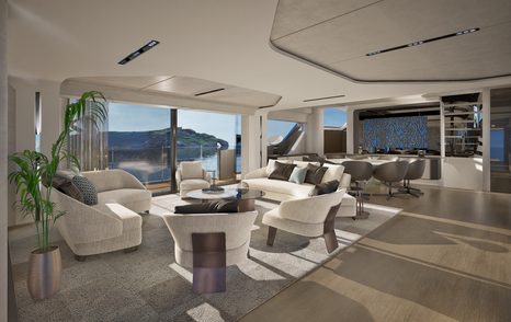 Rendering of first ISA Viper 130 superyacht main saloon curved seating