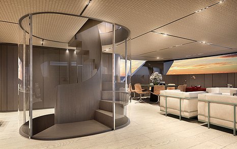 A spiral staircase onboard Sanlorenzo SX112 crossover yacht, adjacent to a seating area with wide windows, plush sofas and a dining table with chairs.