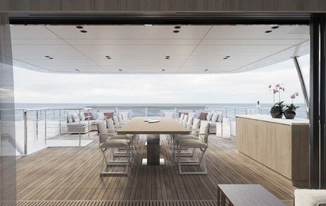 Rendering of Sanlorenzo SD132 motor yacht main aft deck with alfresco dining and seating 