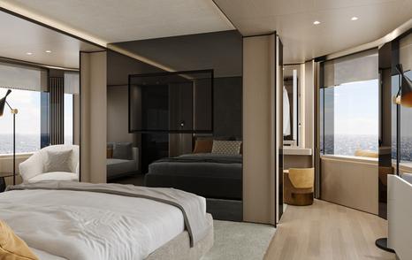 Rendering of Extra Yachts X100 Triplex motor yacht master cabin mounted TV