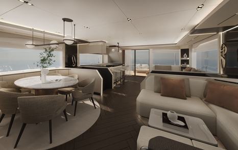 Rendering of Bering BC60 Explorer Catamaran salon with circular dining table